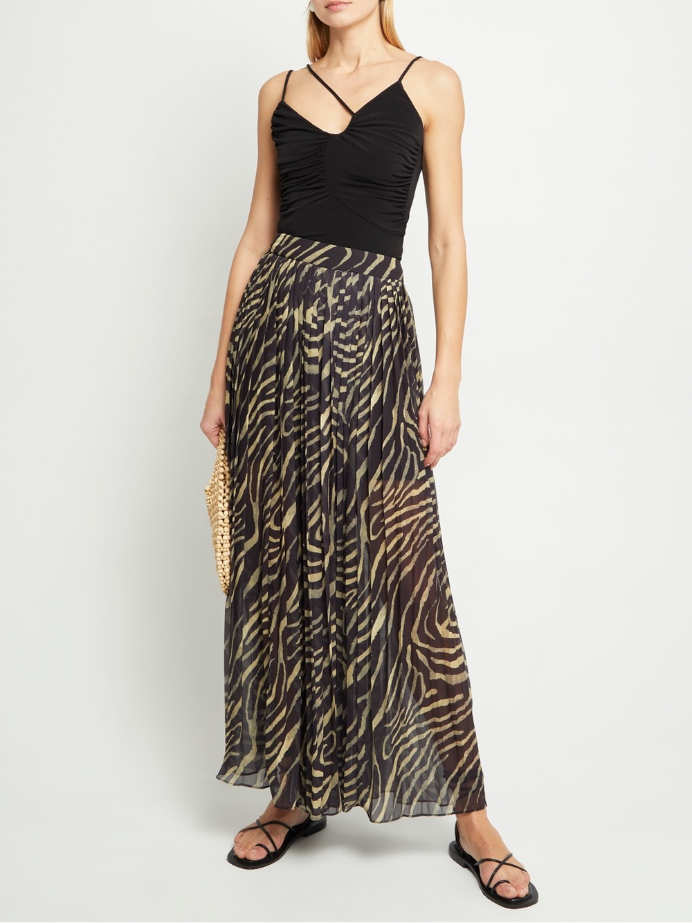 Kourt Kyla  Pleated Chiffon Zebra-Print Maxi Pants in Tan & Black - Picture 4 of 12